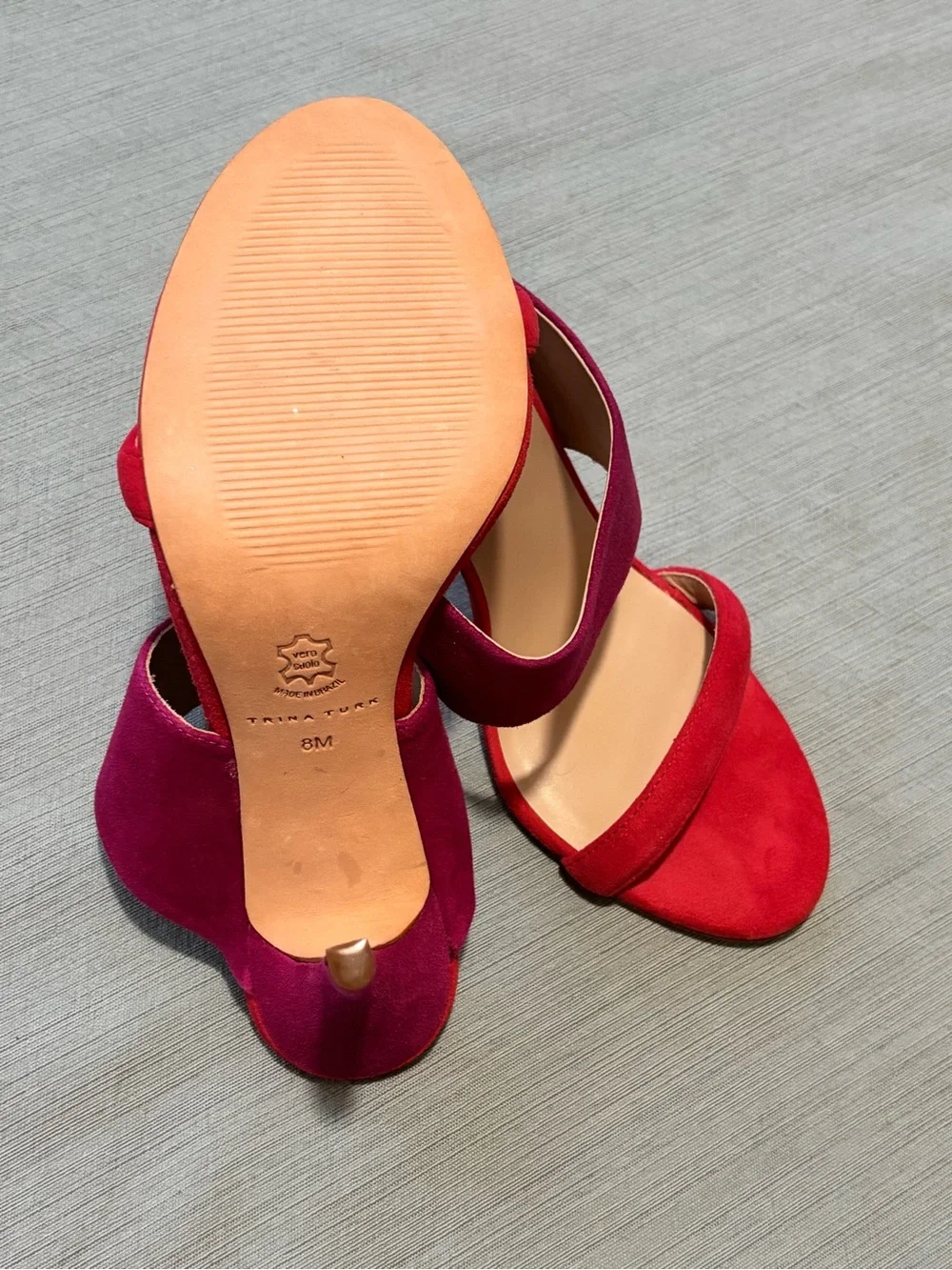 NEW Trina Turk Two-Band Suede Slip-on Mule Heels in Purple Hot Pink Leather 8 M